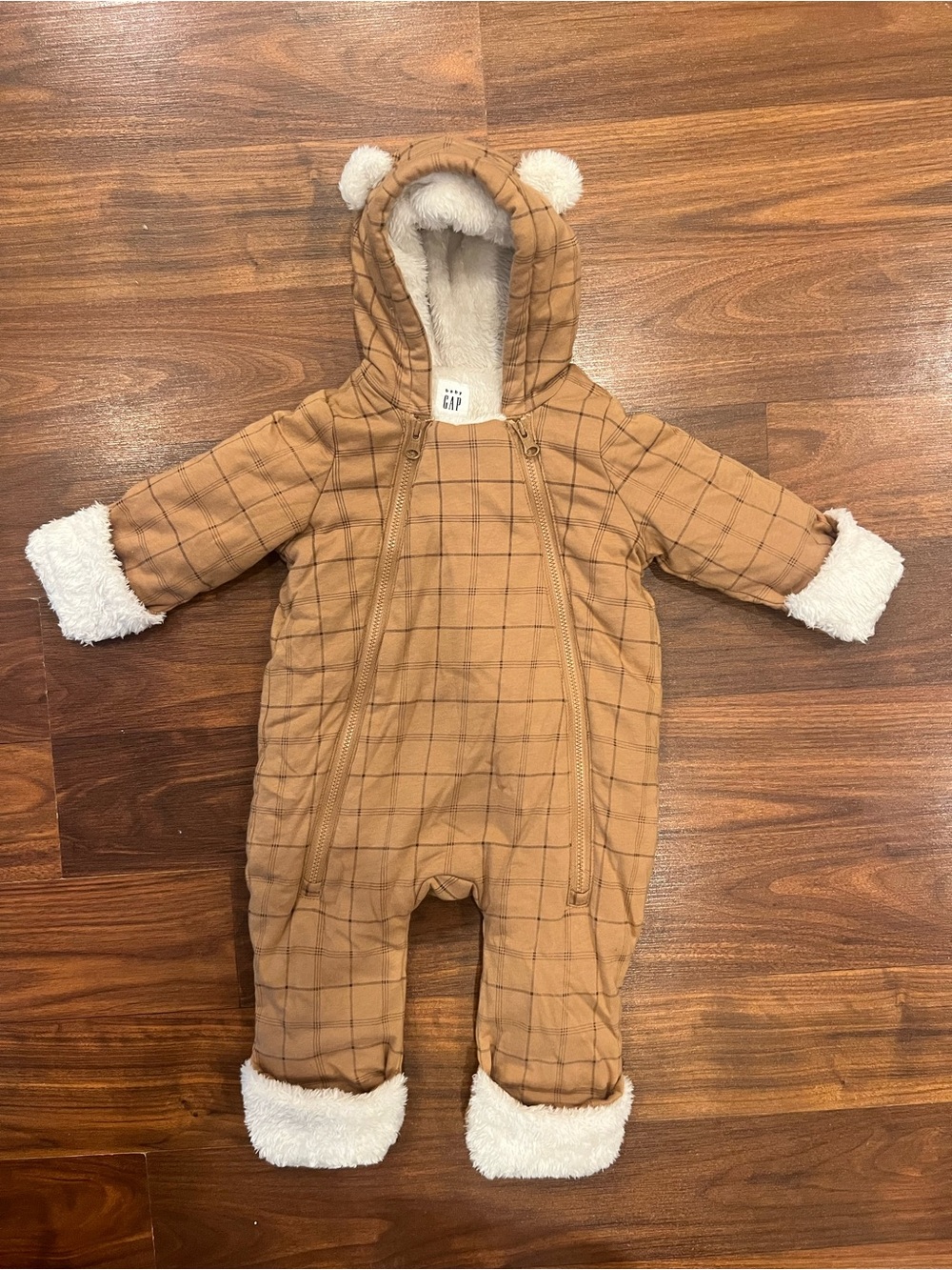 babyGap Sherpa-Lined Bear Snowsuit 0-3M Tan Plaid l Baby Bunting